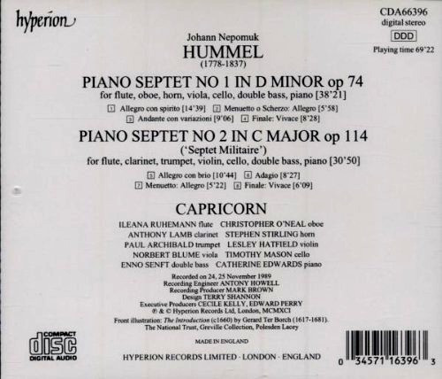Johann Nepomuk Hummel, Capricorn (14) - Septets: D Minor, Op74 - C Major, Op114 (Military) (CD, Album) (Near Mint (NM or M-)) - Image 2