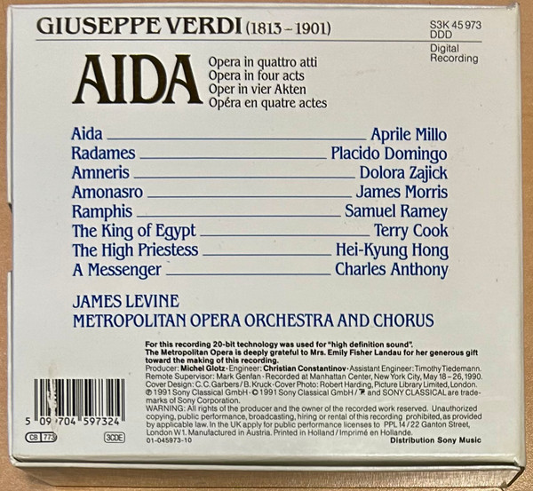 Giuseppe Verdi - Aprile Millo, Placido Domingo, Dolora Zajick, James Morris (5), Samuel Ramey, James Levine (2), The Metropolitan Opera House Orchestra And Metropolitan Opera Chorus - Aida (3xCD, Album, 20- + Box) (Near Mint (NM or M-)) - Image 2