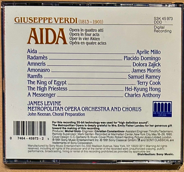 Giuseppe Verdi - Aprile Millo, Placido Domingo, Dolora Zajick, James Morris (5), Samuel Ramey, James Levine (2), The Metropolitan Opera House Orchestra And Metropolitan Opera Chorus - Aida (3xCD, Album, 20- + Box) (Near Mint (NM or M-)) - Image 5