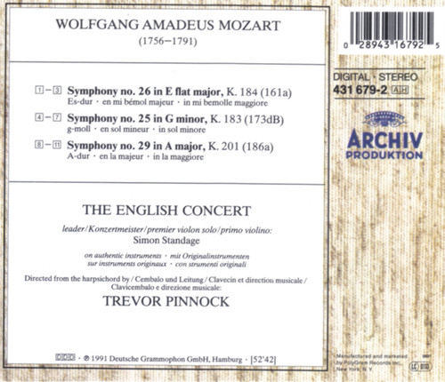 Wolfgang Amadeus Mozart • Trevor Pinnock, The English Concert - Symphonies No. 25, 26 And 29 (CD, Album) (Near Mint (NM or M-)) - Image 2