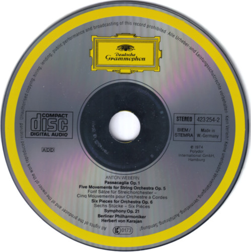 Anton Webern / Berliner Philharmoniker, Herbert von Karajan - Passacaglia • 5 Movements For String Orchestra Op 5 • 6 Pieces For Orchestra Op 6 • Symphony Op.21 (CD, RE, RM) (Mint (M)) - Image 3