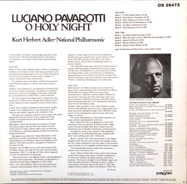 Luciano Pavarotti - Kurt Herbert Adler ● National Philharmonic* - O Holy Night (LP, Album, RE) (Mint (M)) - Image 2