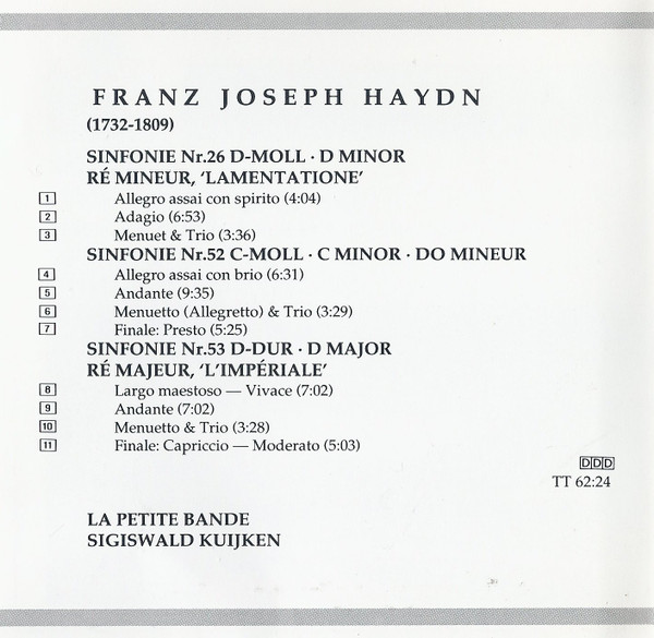 Joseph Haydn - La Petite Bande, Sigiswald Kuijken - Sinfonien 26 'Lamentatione', 52 & 53 'L'Impériale' (CD) (Near Mint (NM or M-)) - Image 2