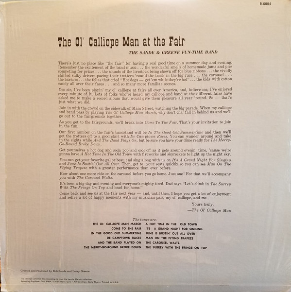 Sande & Greene Fun-Time Band - The Ol' Calliope Man At The Fair (LP, Album) (Mint (M)) - Image 2