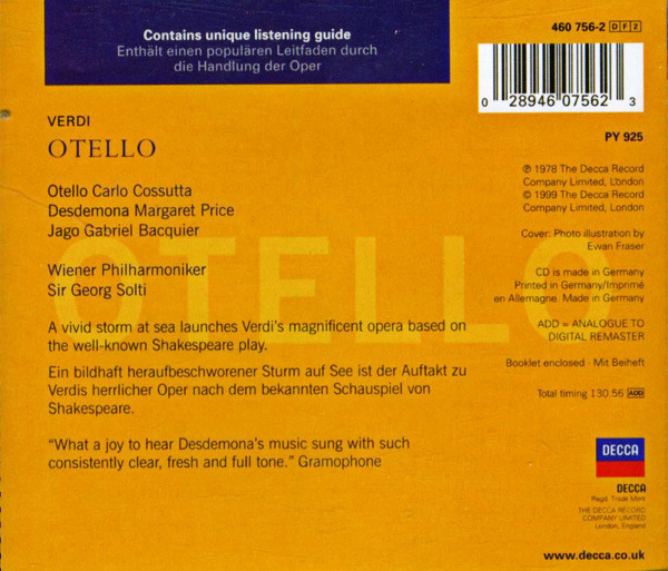 Giuseppe Verdi - Margaret Price, Carlo Cossutta, Gabriel Bacquier, Georg Solti - Otello (2xCD, Album, RE) (Near Mint (NM or M-)) - Image 2