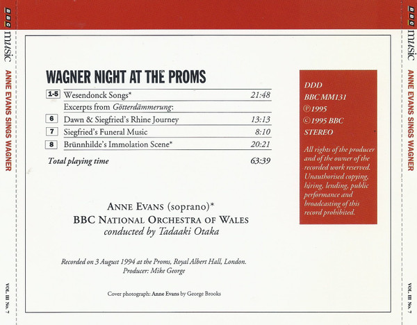 Richard Wagner - Anne Evans, BBC National Orchestra Of Wales, Tadaaki Otaka - Anne Evans Sings Wagner At The 1994 Proms: Wesendonck Songs / Scenes From Götterdämmerung (CD) (Near Mint (NM or M-)) - Image 3
