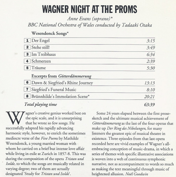 Richard Wagner - Anne Evans, BBC National Orchestra Of Wales, Tadaaki Otaka - Anne Evans Sings Wagner At The 1994 Proms: Wesendonck Songs / Scenes From Götterdämmerung (CD) (Near Mint (NM or M-)) - Image 2