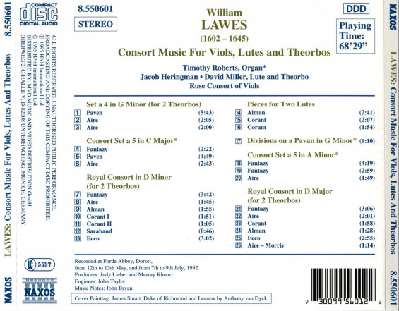 William Lawes, Timothy Roberts, Jacob Heringman, David Miller (7) - Consort Music For Viols, Lutes And Theorbos (Royal Consorts / Duets For Lute / Divisions On A Pavan) (CD, Album) (Near Mint (NM or M-)) - Image 2