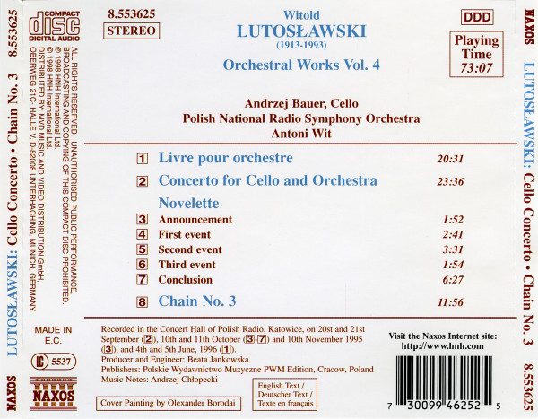 Witold Lutoslawski, Andrzej Bauer, Wielka Orkiestra Symfoniczna Polskiego Radia W Katowicach, Antoni Wit - Concerto For Cello And Orchestra (Livre Pour Orchestre • Novelette • Chain No. 3) (CD, Album) (Near Mint (NM or M-)) - Image 2