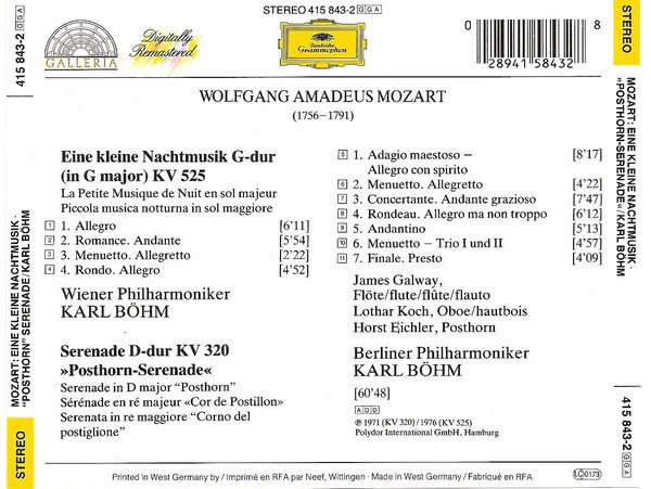 Wolfgang Amadeus Mozart - Wiener Philharmoniker, Berliner Philharmoniker, Karl Böhm - Eine Kleine Nachtmusik / »Posthorn-Serenade« KV 320 (CD, Album, RE, RM) (Near Mint (NM or M-)) - Image 2