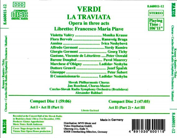 Giuseppe Verdi, Monika Krause • Yordy Ramiro • Georg Tichy, Slovak Philharmonic Chorus, Slovak Radio Symphony Orchestra, Alexander Rahbari - La Traviata (2xCD, Album) (Near Mint (NM or M-)) - Image 2