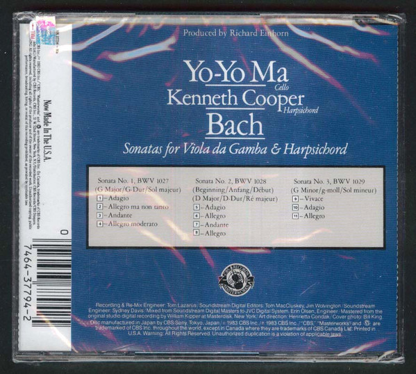 Johann Sebastian Bach / Yo-Yo Ma, Kenneth Cooper - Sonatas For Viola Da Gamba & Harpsichord (CD, RE) (Near Mint (NM or M-)) - Image 2
