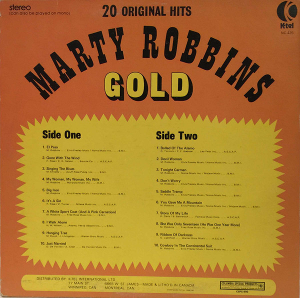 Marty Robbins - Gold (20 Original Hits) (LP, Comp) (Mint (M)) - Image 2