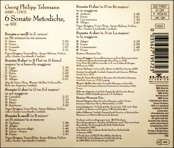 Georg Philipp Telemann - Frans Brüggen • Han De Vries • Anner Bylsma • Wouter Möller • Bob Van Asperen • Gustav Leonhardt - 6 Sonate Metodiche (CD, Comp) (Near Mint (NM or M-)) - Image 2