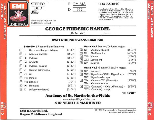 Georg Friedrich Händel, The Academy Of St. Martin-in-the-Fields, Sir Neville Marriner - Water Music/Wassermusik (CD, Album, Club) (Near Mint (NM or M-)) - Image 2