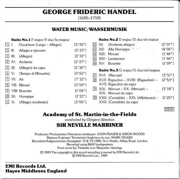 Georg Friedrich Händel, The Academy Of St. Martin-in-the-Fields, Sir Neville Marriner - Water Music/Wassermusik (CD, Album, Club) (Near Mint (NM or M-)) - Image 4