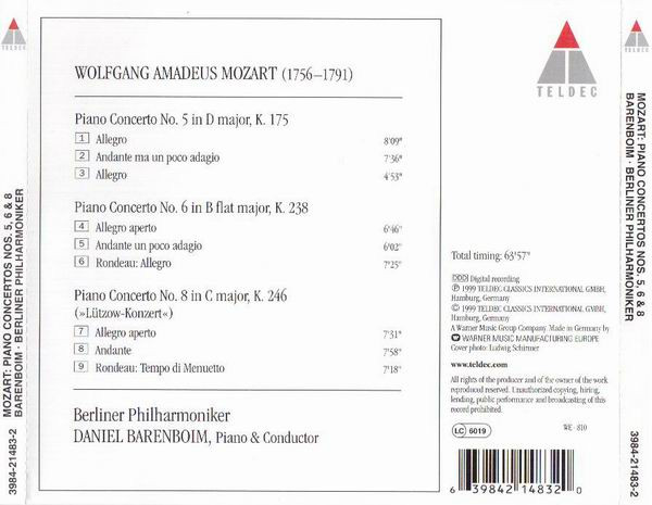 Wolfgang Amadeus Mozart / Daniel Barenboim / Berliner Philharmoniker - Piano Concertos Nos. 5, 6 & 8 (CD, Album) (Near Mint (NM or M-)) - Image 2