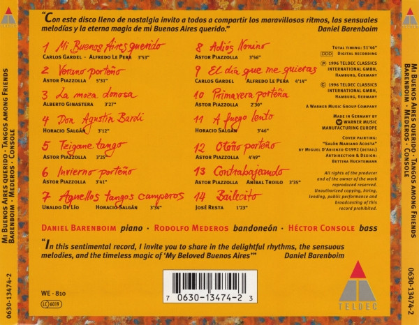 Daniel Barenboim, Rodolfo Mederos, Héctor Console - Mi Buenos Aires Querido - Tangos Among Friends (CD, Album) (Near Mint (NM or M-)) - Image 2