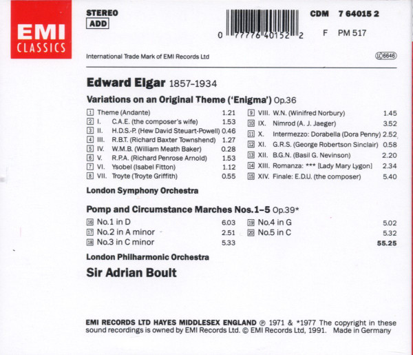 Sir Edward Elgar / London Symphony Orchestra • London Philharmonic Orchestra • Sir Adrian Boult - Enigma Variations • Pomp & Circumstance Marches Nos.1–5 (CD, Album, RM) (Near Mint (NM or M-)) - Image 2