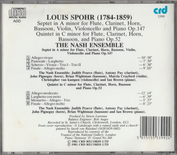 Louis Spohr, The Nash Ensemble - Septet In A Minor For Flute, Clarinet, Horn, Bassoon, Violin, Violoncello And Piano Op. 147 • Quintet In C Minor For Flute, Clarinet, Horn, Bassoon And Piano Op. 52 (CD, Album) (Near Mint (NM or M-)) - Image 2