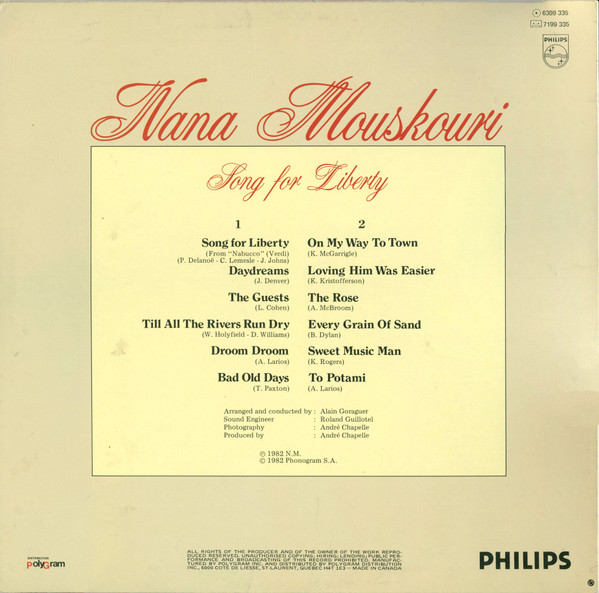 Nana Mouskouri - Song For Liberty (LP) (Mint (M)) - Image 2