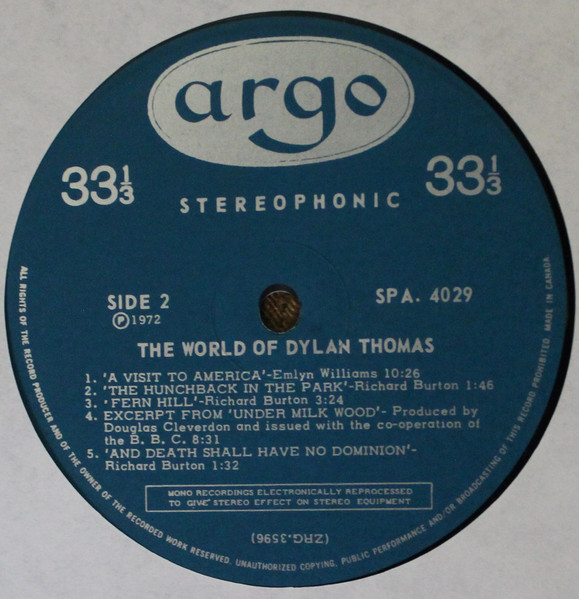 Richard Burton (2), Emlyn Williams - The World Of Dylan Thomas (In Poetry And Prose With Excerpts From Under Milk Wood) (LP) (Mint (M)) - Image 4