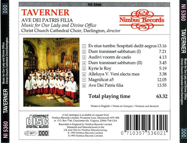 John Taverner - The Choir Of Christ Church Cathedral, Stephen Darlington - Ave Dei Patris Filia / Music For Our Lady And Divine Office (CD) (Near Mint (NM or M-)) - Image 2