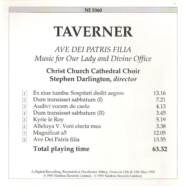 John Taverner - The Choir Of Christ Church Cathedral, Stephen Darlington - Ave Dei Patris Filia / Music For Our Lady And Divine Office (CD) (Near Mint (NM or M-)) - Image 3