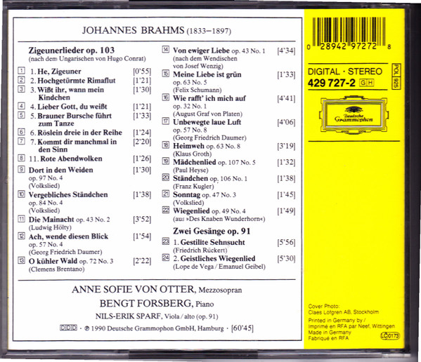 Johannes Brahms - Anne Sofie Von Otter • Bengt Forsberg - Lieder (CD) (Near Mint (NM or M-)) - Image 2