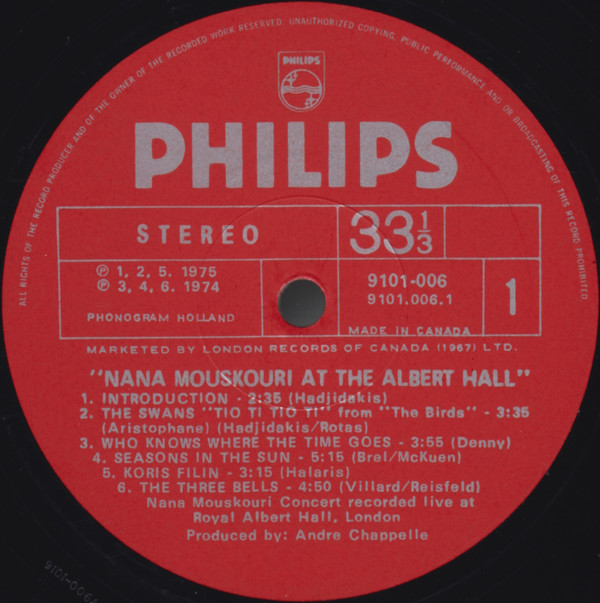 Nana Mouskouri With Les Athéniens - Nana Mouskouri At The Albert Hall (LP, Album) (Mint (M)) - Image 4