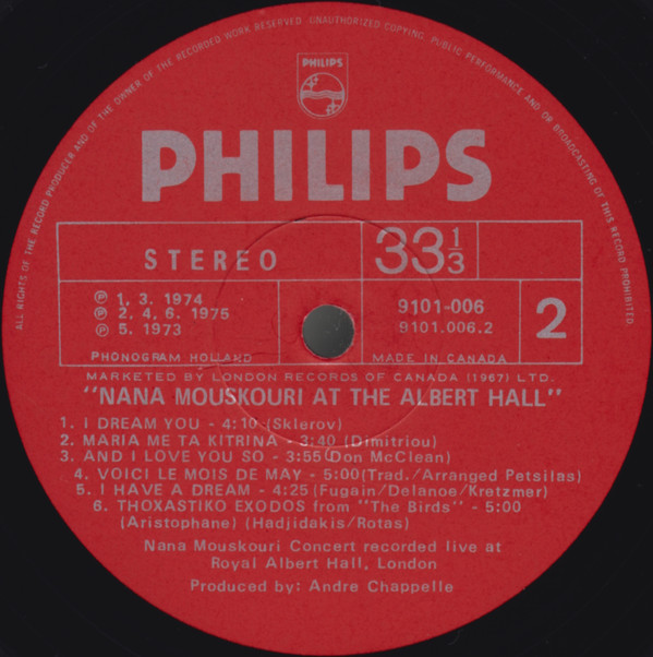 Nana Mouskouri With Les Athéniens - Nana Mouskouri At The Albert Hall (LP, Album) (Mint (M)) - Image 5