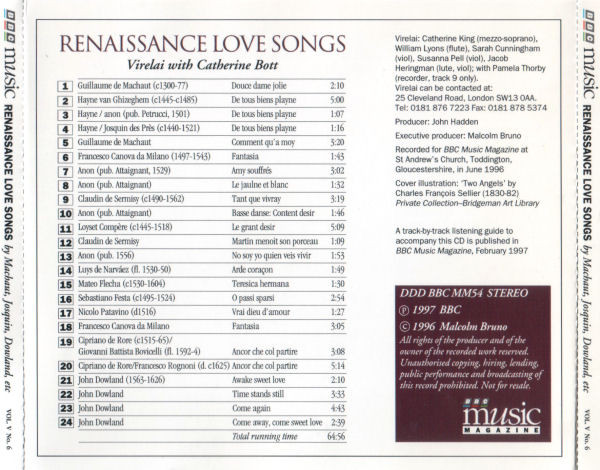 Catherine Bott, Virelai (2) - Renaissance Love Songs (CD, Album) (Near Mint (NM or M-)) - Image 2