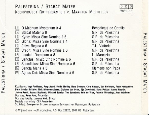 Giovanni Pierluigi da Palestrina, Koorproject Rotterdam o.l.v. Maarten Michielsen - Stabat Mater (CD, Album) (Near Mint (NM or M-)) - Image 2