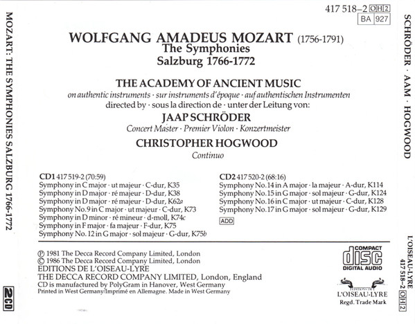 Wolfgang Amadeus Mozart, The Academy Of Ancient Music, Jaap Schröder · Christopher Hogwood - The Symphonies / Salzburg 1766-1772 (2xCD, RE, RM + Box) (Near Mint (NM or M-)) - Image 5