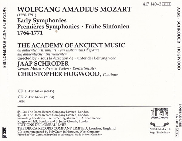Wolfgang Amadeus Mozart - The Academy Of Ancient Music, Christopher Hogwood, Jaap Schröder - Early Symphonies 1764-1771 (2xCD, Comp + Box, RE) (Near Mint (NM or M-)) - Image 3