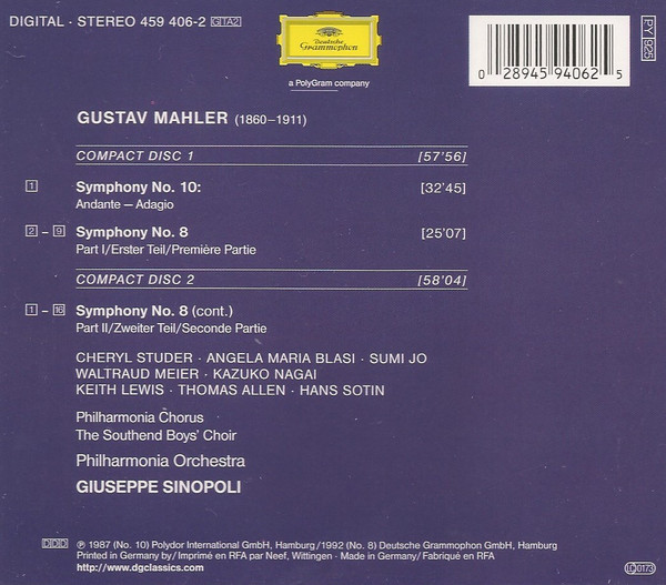 Gustav Mahler - Philharmonia Chorus & Philharmonia Orchestra, Giuseppe Sinopoli - Symphonies Nos. 8 & 10 (2xCD, Comp, RM, Uni) (Near Mint (NM or M-)) - Image 2