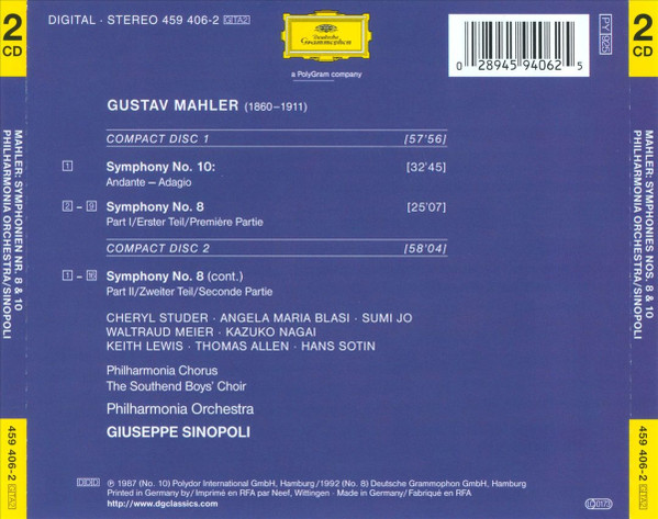Gustav Mahler - Philharmonia Chorus & Philharmonia Orchestra, Giuseppe Sinopoli - Symphonies Nos. 8 & 10 (2xCD, Comp, RM, Uni) (Near Mint (NM or M-)) - Image 3