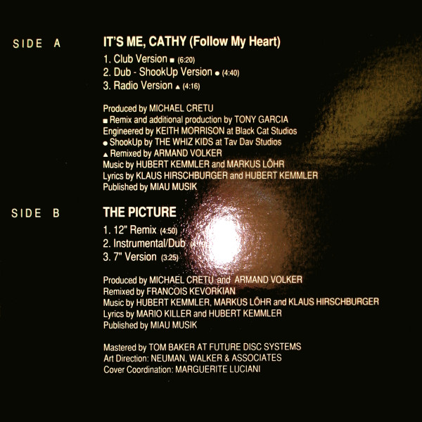 Hubert Kah - It's Me, Cathy (Follow My Heart) (12", Promo) (Mint (M)) - Image 3