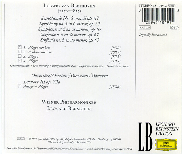 Ludwig van Beethoven · Wiener Philharmoniker / Leonard Bernstein - Symphonie Nr. 5 / Ouvertüre »Leonore III« (CD, Ltd, RE) (Near Mint (NM or M-)) - Image 2