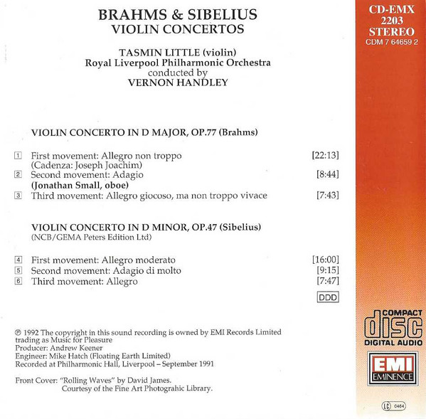 Johannes Brahms & Jean Sibelius - Tasmin Little, Royal Liverpool Philharmonic Orchestra, Vernon Handley - Brahms & Sibelius Violin Concertos (CD, Album) (Near Mint (NM or M-)) - Image 2