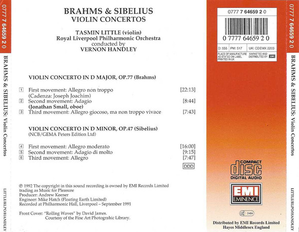 Johannes Brahms & Jean Sibelius - Tasmin Little, Royal Liverpool Philharmonic Orchestra, Vernon Handley - Brahms & Sibelius Violin Concertos (CD, Album) (Near Mint (NM or M-)) - Image 3