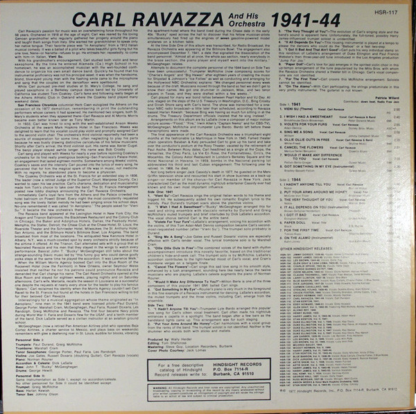 Carl Ravazza And His Orchestra - The Uncollected Carl Ravazza, 1941-1944 (LP, Mono) (Mint (M)) - Image 2