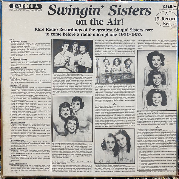 The Andrews Sisters, The Boswell Sisters, The Pickens Sisters, DeMarco Sisters, The Barry Sisters, The Moylan Sisters, The Fontane Sisters, McGuire Sisters - Swingin' Sisters On The Air! (3xLP, Comp) (Mint (M)) - Image 2