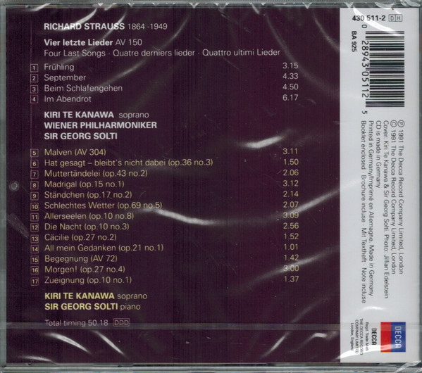 Richard Strauss - Kiri Te Kanawa, Wiener Philharmoniker, Georg Solti - Four Last Songs / Thirteen Songs With Piano Accompaniment (CD, Album) (Near Mint (NM or M-)) - Image 2
