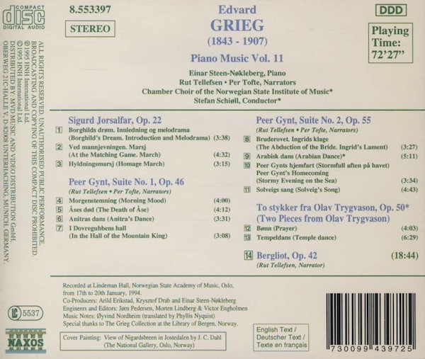 Edvard Grieg, Einar Steen-Nøkleberg, Rut Tellefsen, Per Tofte, Chamber Choir Of The Norwegian State Institute Of Music, Stefan Schiøll - Piano Music Vol. 11 (CD, Album) (Near Mint (NM or M-)) - Image 2