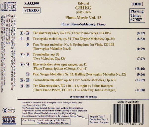 Edvard Grieg, Einar Steen-Nøkleberg - Piano Music Vol. 13 (CD, Album) (Near Mint (NM or M-)) - Image 2