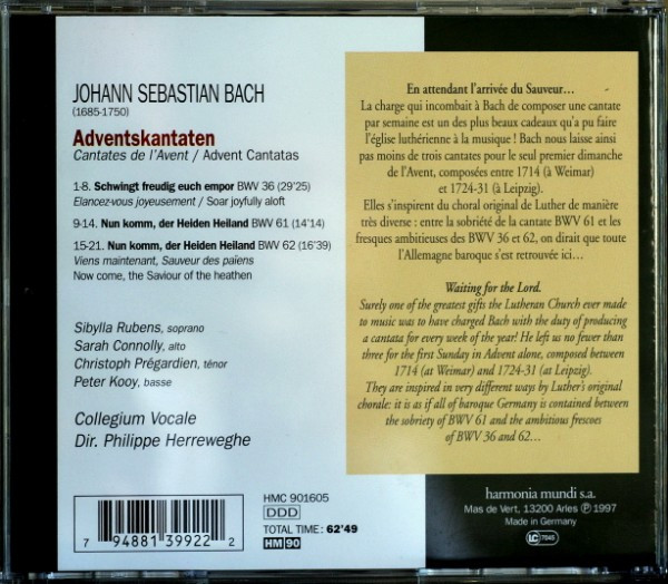 Johann Sebastian Bach, Sibylla Rubens, Sarah Connolly, Christoph Prégardien, Peter Kooij, Collegium Vocale, Philippe Herreweghe - Adventskantaten = Cantates De L'Avent BWV 36, 61 & 62 (CD) (Near Mint (NM or M-)) - Image 3