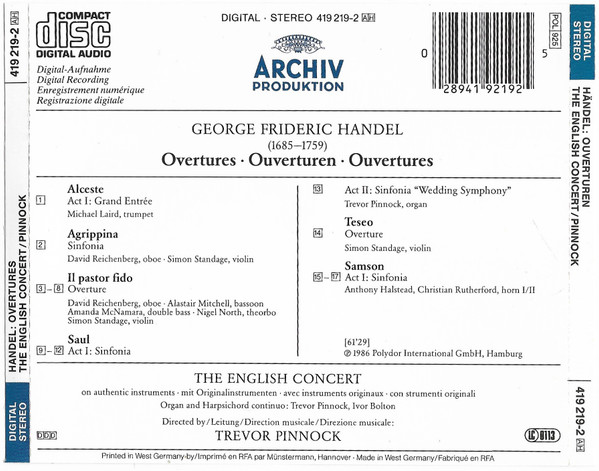 Georg Friedrich Händel / The English Concert, Trevor Pinnock - Overtures (Agrippina • Alceste • Il Pastor Fido • Samson • Saul • Teseo) (CD, Album) (Near Mint (NM or M-)) - Image 2