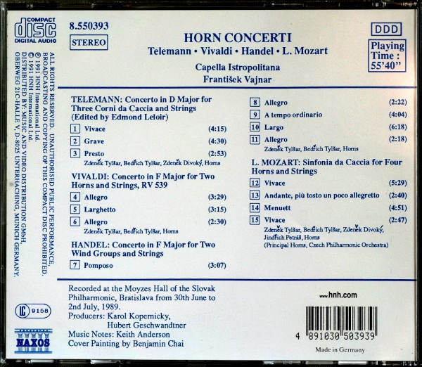 Georg Philipp Telemann • Antonio Vivaldi • Georg Friedrich Händel • Leopold Mozart, Zdeněk Tylšar • Bedřich Tylšar, Zdeněk Divoký • Jindřich Petráš, Capella Istropolitana, František Vajnar - Horn Concerti (CD, Album) (Near Mint (NM or M-)) - Image 2