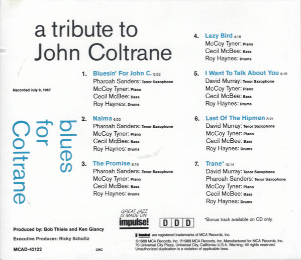 McCoy Tyner / Pharoah Sanders / David Murray / Cecil McBee / Roy Haynes - A Tribute To John Coltrane / Blues For Coltrane (CD, Album, Club) (Near Mint (NM or M-)) - Image 2